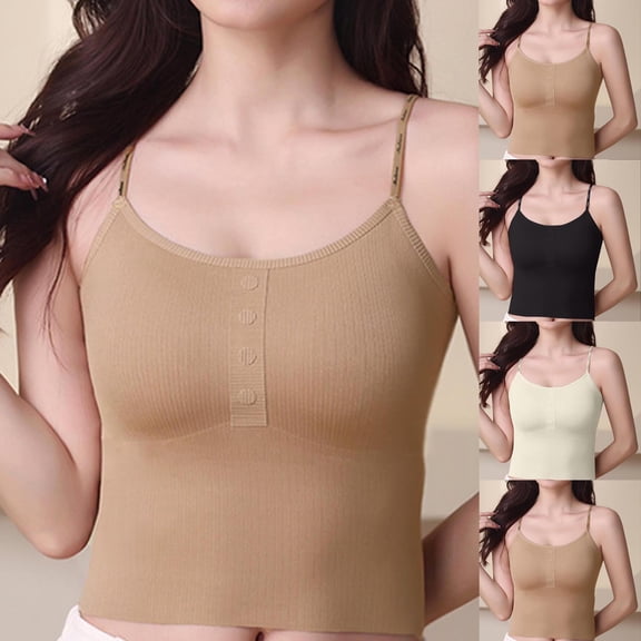 YHAJDS Women Built In Bra Tank Tops Solid Color Round Neck Sleeveless Bralette With Button Front For Sports Yoga