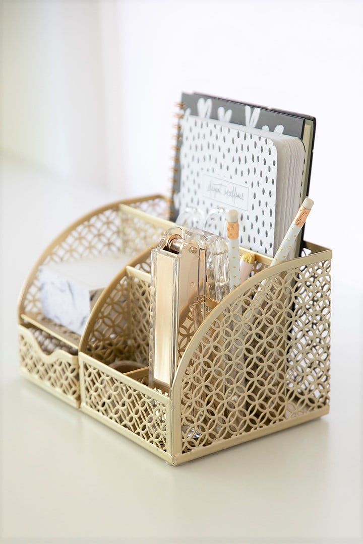 Riviera Designer Metal Desk Organizer with Drawer - Gold