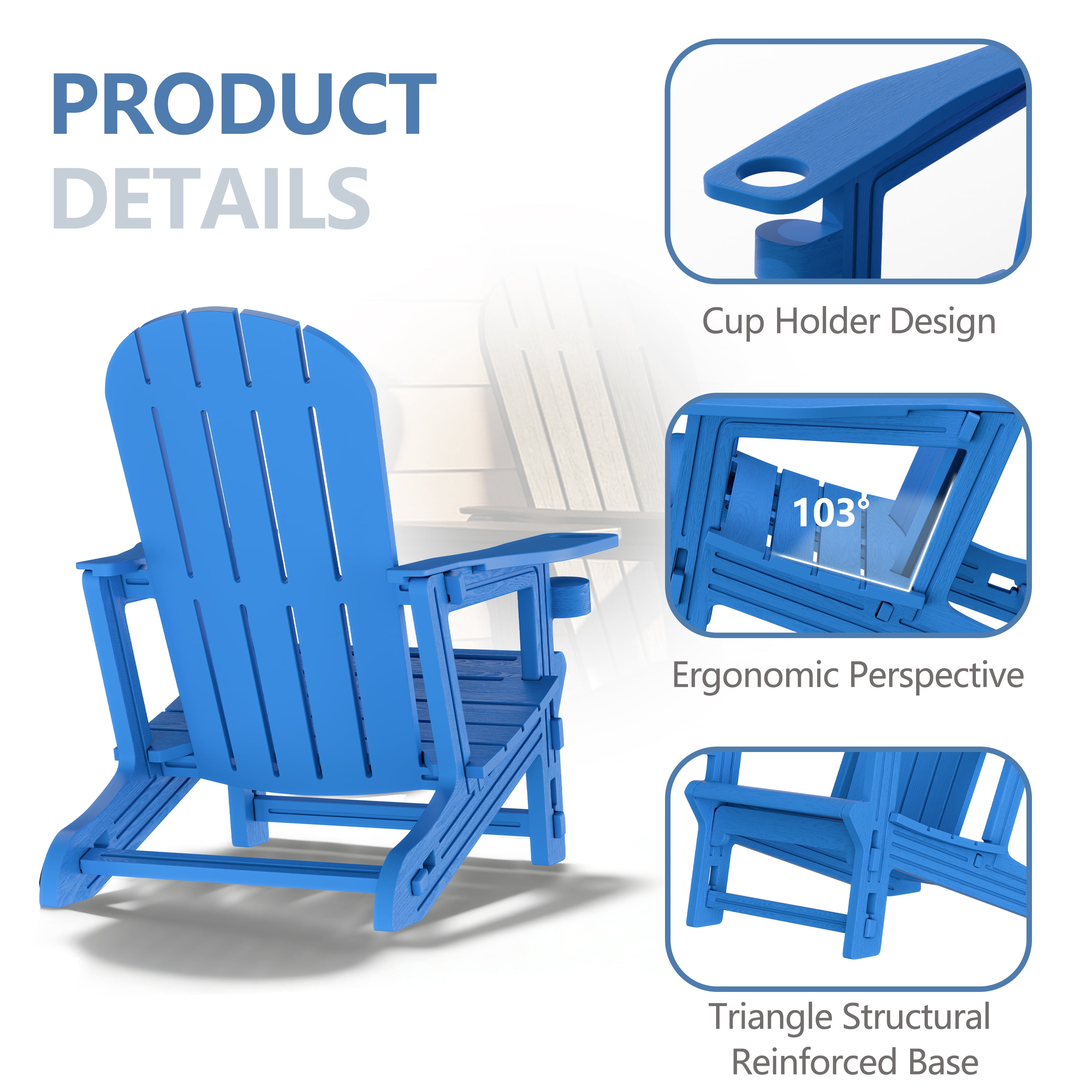 Walsunny Adirondack Chairs Set of 2 HDPE Outdoor Chair Set with Connecting Tray Cup Holder Removable Tabletop Pull-Out Footrest,All-Weather HDPE Outdoor Chair Set,Blue