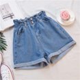 thumbnail image 2 of Zulora Women's Casual Denim Shorts - Solid High Waist Ruffle Elastic Waistband Pocketed Pants for Daily Wear​, 2 of 6
