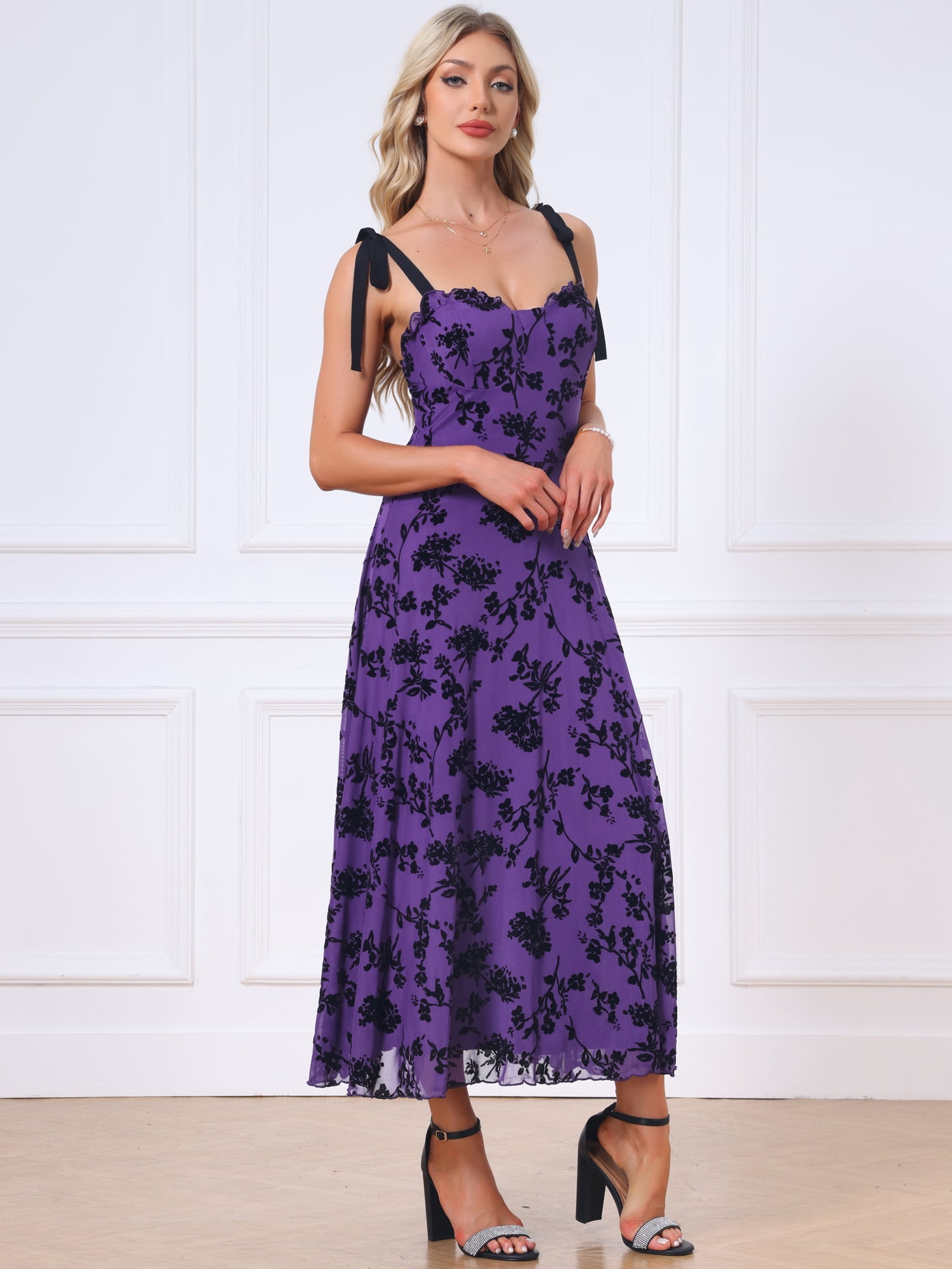 DARING DIVA Women's Gothic Floral Print Sleeveless Crew Neck Cocktail Dress M Dark Purple