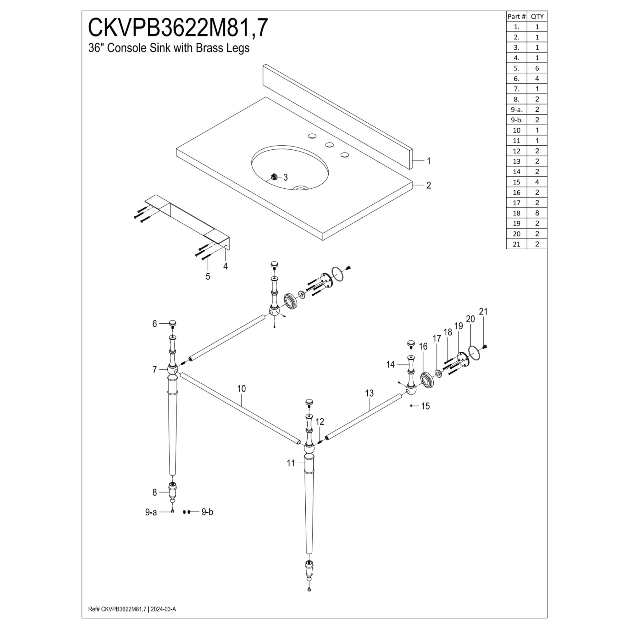 Kingston Brass CKVPB3622M87 Edwardian 36" Carrara Marble Console Sink Set with Widespread Bathroom Faucet and Plumbing Trim Kit (8-Inch, 3-Hole), Carrara Marble White/Brushed Brass