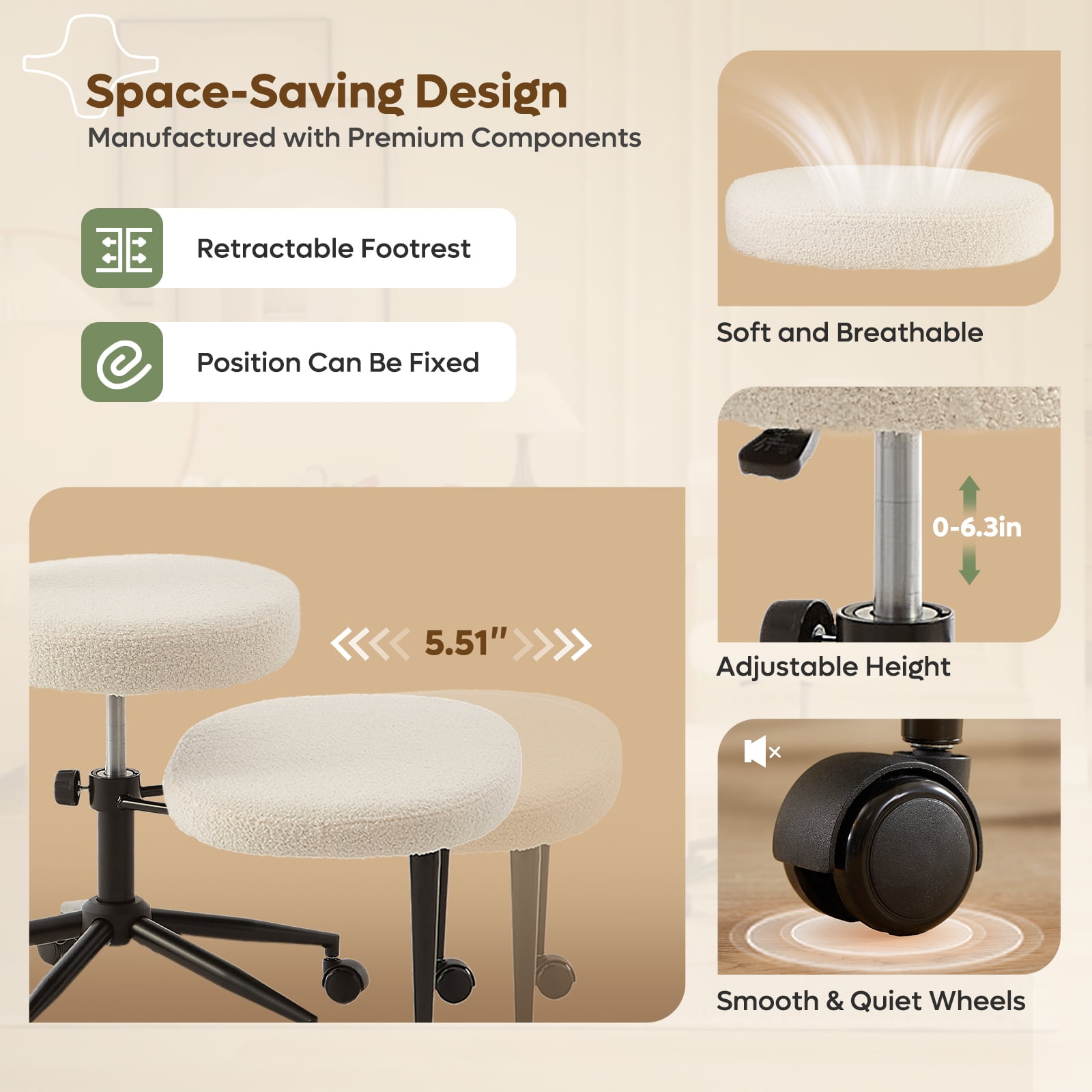 Pinmoco Ergonomic Cross Legged Office Chair, Wide Teddy Fabric Criss Cross Desk Swivel Seating for Home, White