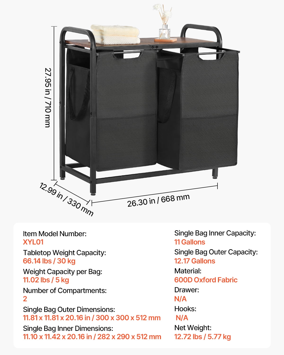 VEVOR 2 Section Laundry Sorter, Large Laundry Hamper with Metal Frame and Wooden Tabletop, Freestanding Storage Organizer Baskets with Pull-Out 600D Oxford Cloth Bags for Dirty Clothes, Bathroom