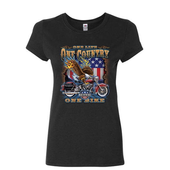 Tee Hunt One Life One Country One Bike Women's T-Shirt Motorcycle Club Bald Eagle Shirt