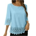 thumbnail image 2 of Guieoi Womens Tops Plus Size Women's 3/4 Sleeve Lace Patchwork Crew Neck Solid Color Casual Blue, 2 of 9