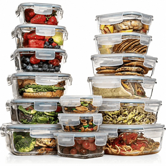 Razab 35 Pcs Glass Food Storage Containers with Lids, Leak Proof Meal Prep Containers (15 Glass Container with lids, 5 Plastic Dip Sauce Containers)