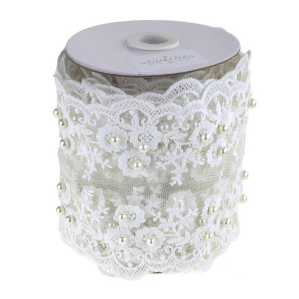 Floral Lace Trim with Scattered Pearls Ribbon, White, 4Inch, 5 Yards