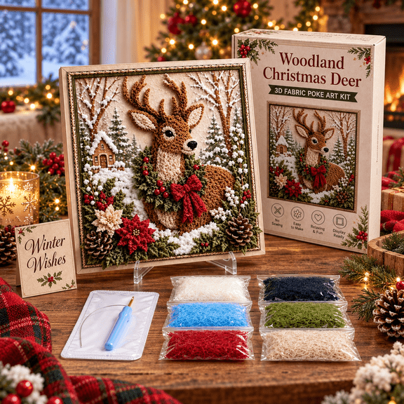 Punch Needle Embroidery Kit Christmas Diy Craft Set With Fabric Punching Tool Picture Frame And Display Stand For Holiday Decoration A