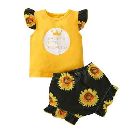 

Baby Girls Short Sleeve Letter Print Tops+Sunflower Shorts Outfits Set Clothes Outwear For 12-18 Months