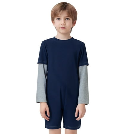 Miutii Zip Back Color Block Long Sleeve Short Leg Jumpsuit Onesies Adaptive Clothing for Kids Boys Girls with Special Needs Navy Blue Gray 16