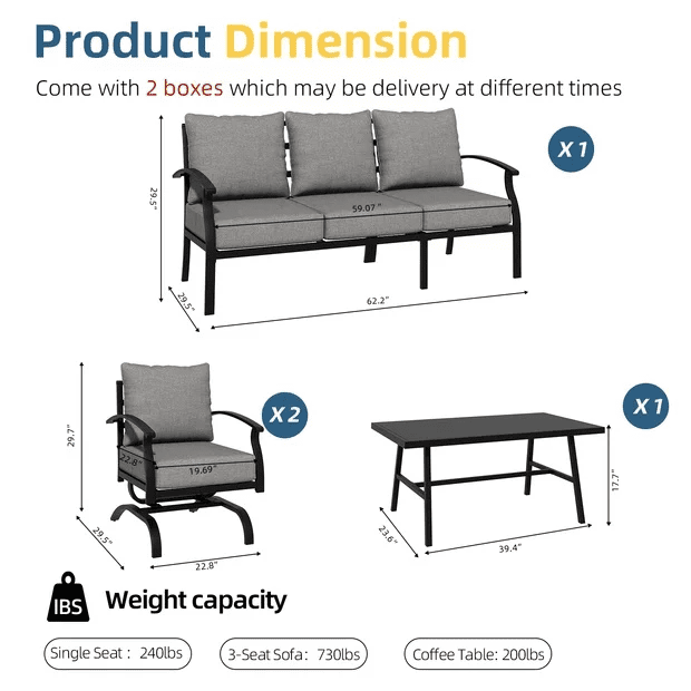 ALAULM 4 Piece Patio Furniture Set,Outdoor Metal Patio Furniture with Coffee Table & Rocking Chairs Conversation Set for Porch,Backyard,Poolside, Garden-Grey