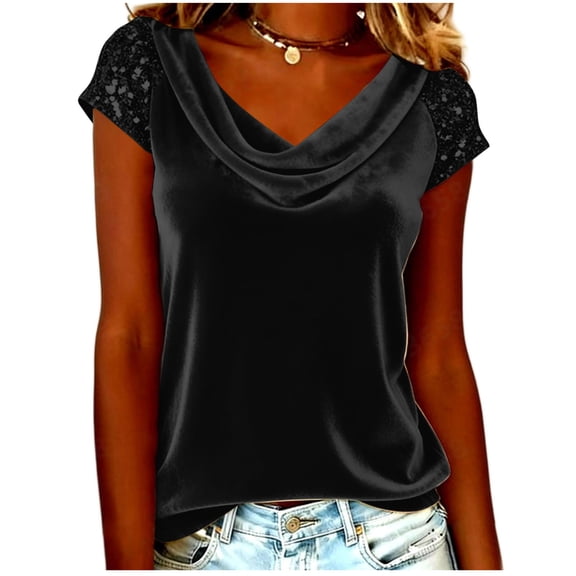 Sequin Tops for Women Dressy Casual Short Sleeve Sparkly Velvet Top Cowl Neck Outfits Clothes