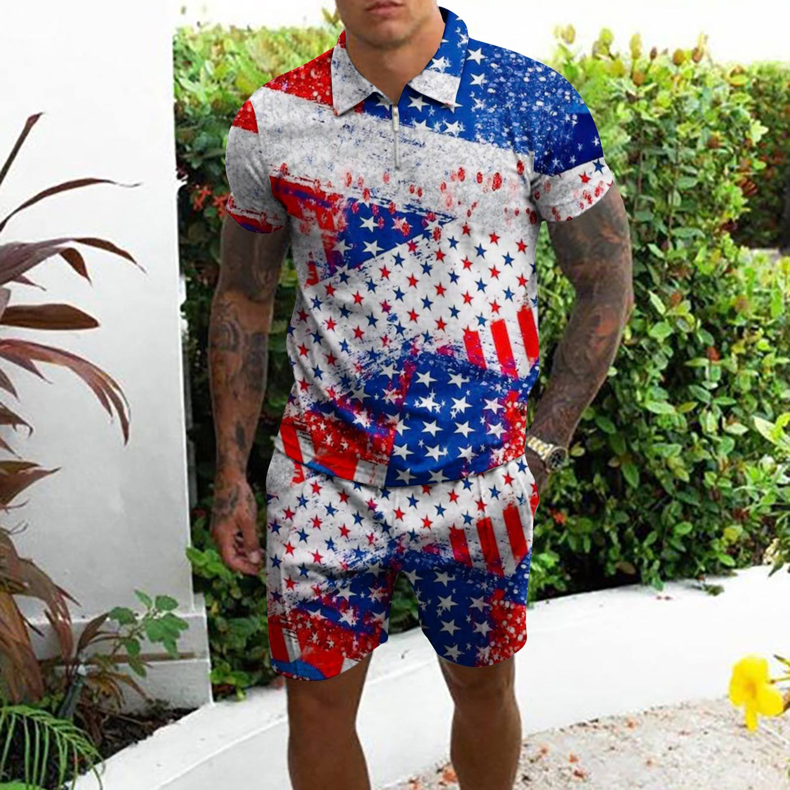cllios Men's 4th of July Outfits 2 Piece Patriotic American Flag Graphic Tees Slim-fit Crewneck Top and Muscle Drawstring Shorts Sets Track Suits