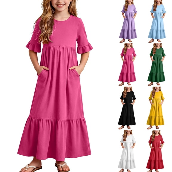 Auroural Girls Long Dresses Girls Summer Casual Dress with Ruffles Short Sleeve Round-Neck Dress for 4-14Y