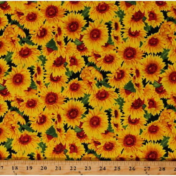Cotton Sunflowers Bright Packed Flowers Floral on Black Fall Autumn Cotton Fabric Print by the Yard (10357)