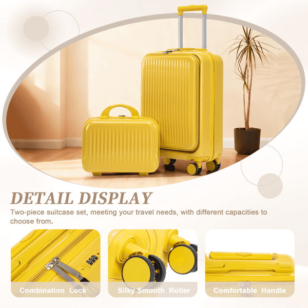 14"/20" in ABS Spinner Wheel Luggage, 2Pcs/Set with Combination Lock and Front Opening Design, 14" Cosmetic Case (Yellow)