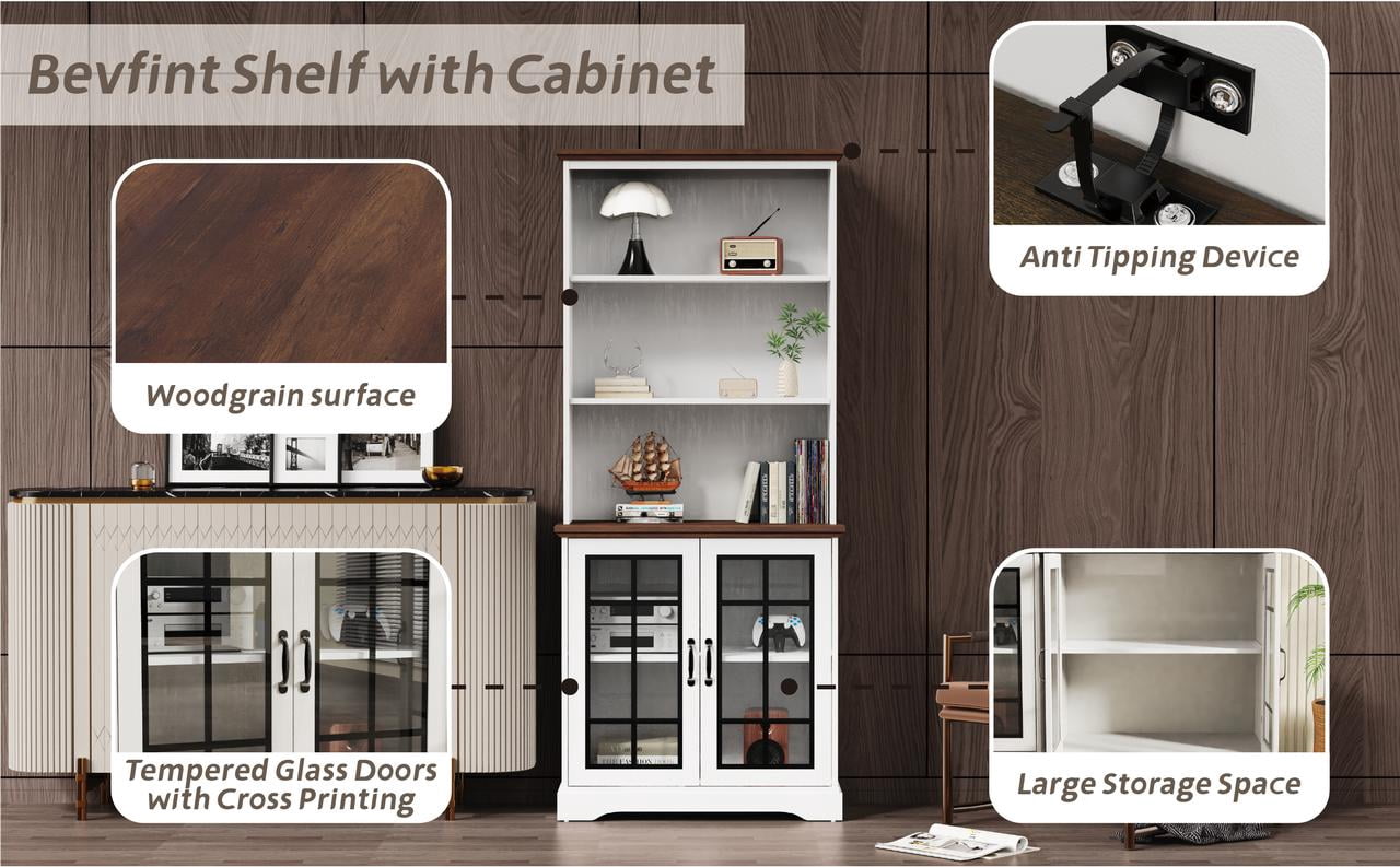 Tall Bookshelves, 5 Tiers Bookcase 72 inch Floor Standing Organizer and Storage, White Color and Brown Board Design Fits Mordern Vintage Farmhouse Decor Home Office Living Room