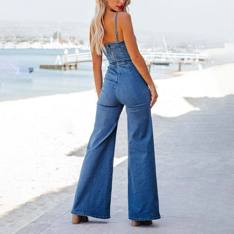 Riforla Women's Casual Summer Denim Jumpsuit Cotton Light Washed