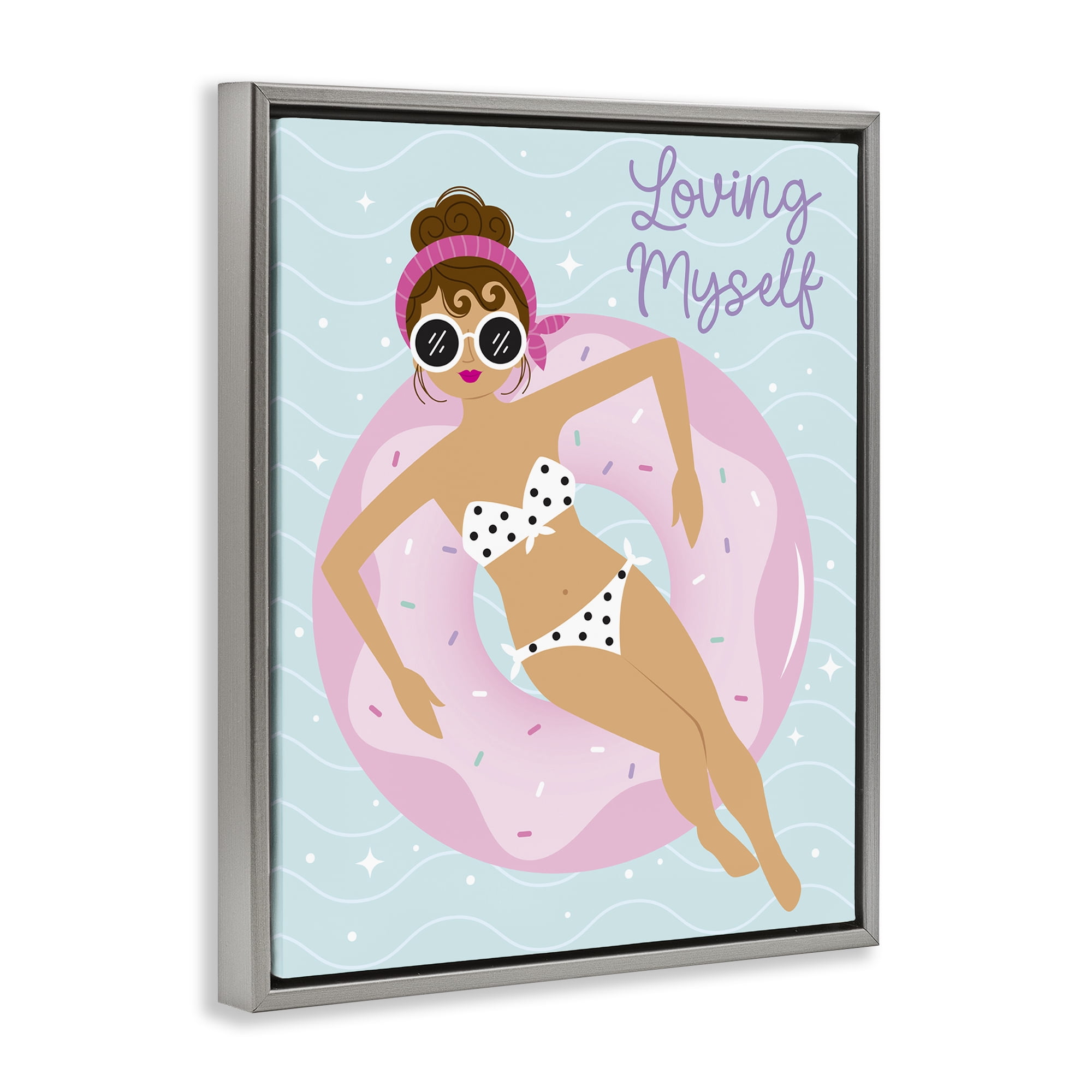 Stupell Industries Loving Myself Girl in Pool People Painting Gray Floater Framed Canvas Art Print Wall Art, 25 x 31