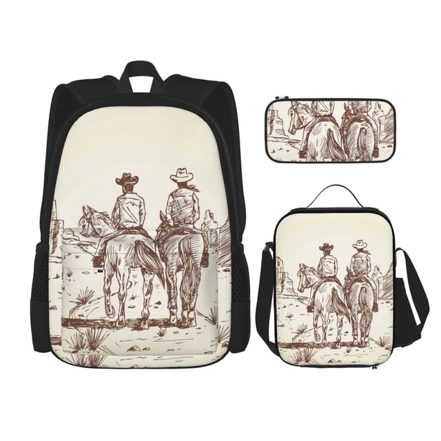 Balery Two Cowboys Riding Horses In The Desert Mochila Escolar 3 en 1 para Niños - Mochila Resistente con Lonchera Térmica y Estuche - Mochila Escolar para Niños y Niñas