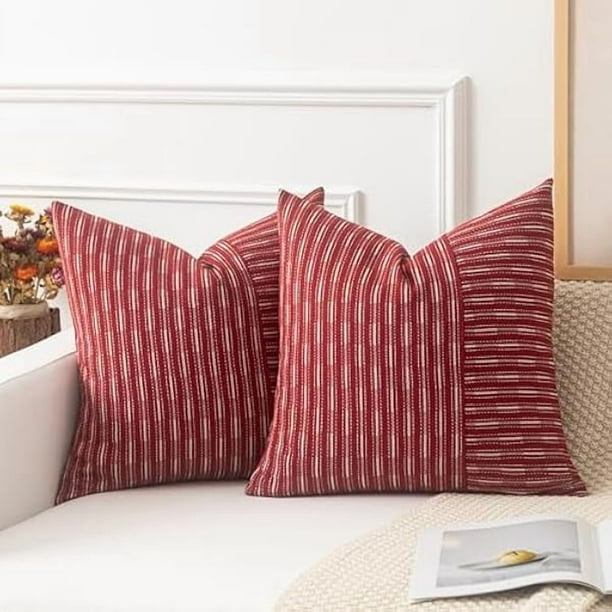 HAYAN Kevin Textile Wine Red and Beige Patchwork Farmhouse Throw Pillow Covers 16 x 16 Inch, Christmas Pack of 2 Striped Linen Decorative Pillow Case for Sofa Couch Chair Bedroom Modern Decor