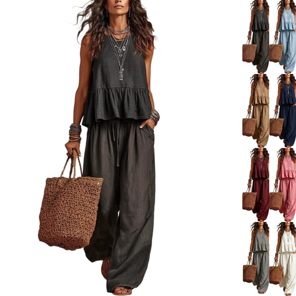 2 Piece Sets for Women Cotton Linen Outfits Sleeveless Peplum Top Drawstring Wide Leg Pants Casual Summer Beach Loungewear Black L