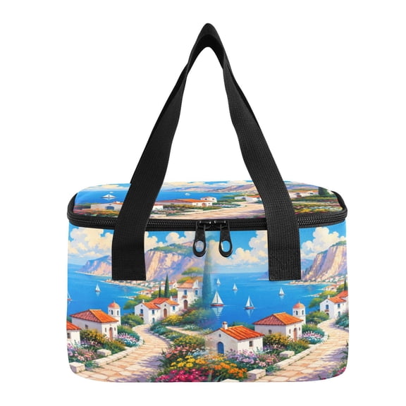 6L Insulated Lunch Bag Square Handheld Cooler Tote Coastal Village Path Reusable Thermal Bag with Polyester & Aluminum Lining for Work Picnic Travel