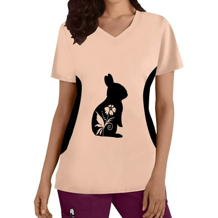 

Women Scrubs Top Bunny Printed Plus Size V Neck Short Sleeve Cats T Shirt With Pocket Spring Summer Daily Nursing Uniforms Nursing Care Working Uniforms