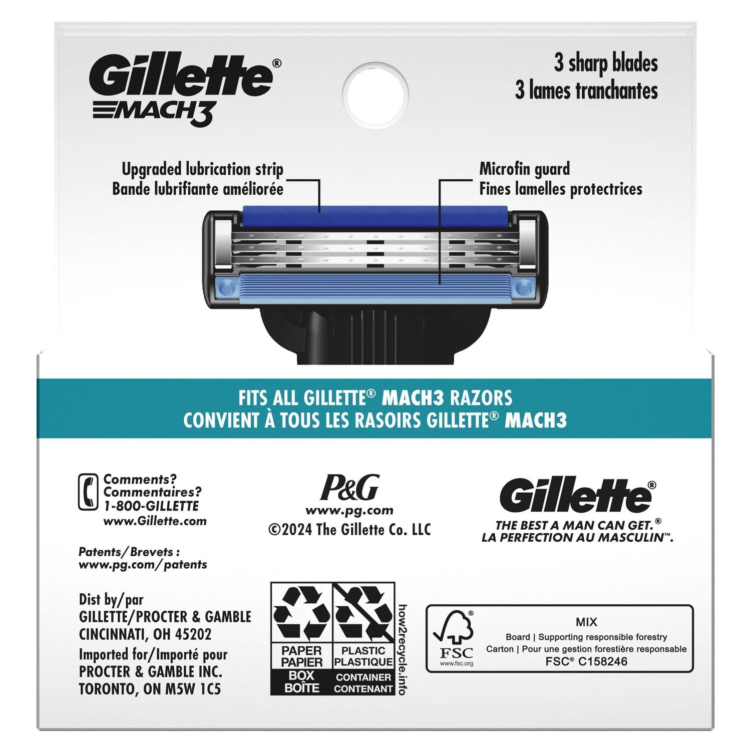 Gillette Mach3 Recharges de Lames de Rasoir Cartouches de Rasoir, Recharges de Rasoir pour Hommes avec Bande Lubrifiante, Lames de Rasoir à 3 Lames pour un Rasage de Près 5ct
