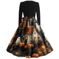 thumbnail image 5 of Women's Halloween Dress Bone 1950s Long Sleeve Classic Dresses Ghost Hepburn Crew Neck Casual Tea Length Dress with Belt XL, 5 of 5