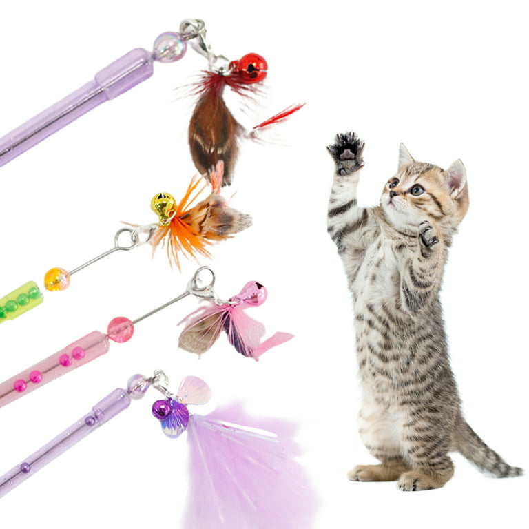 Pawaboo Cat Feather Toys, 4 Pack Interactive Cat feather Teaser Wand Toys,  Retractable Fishing Pole Wand Catcher Exerciser with Refill Fish, Dragonfly