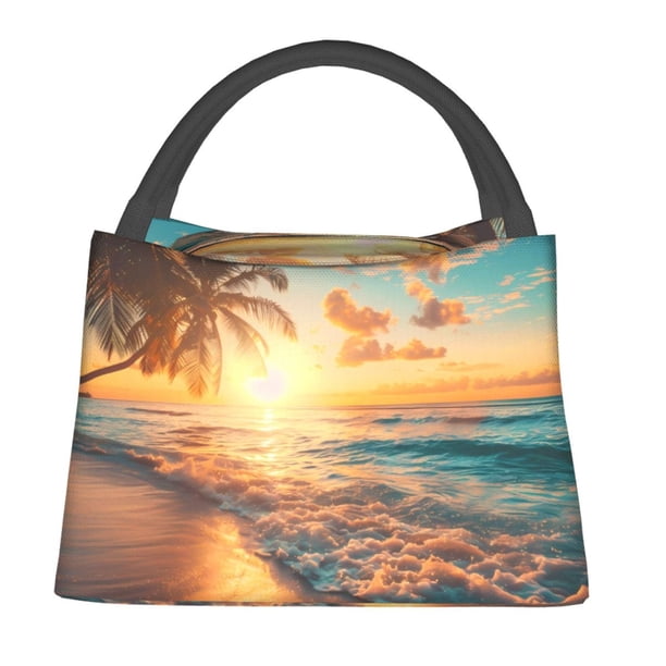 Fotbe Tropical Sunset Beach Scene Bolsa Térmica Portátil con Estampado, Bolsa de Entrega de Alimentos Aislada, Bolsa Reutilizable de Gran Capacidad para Comidas y Supermercado
