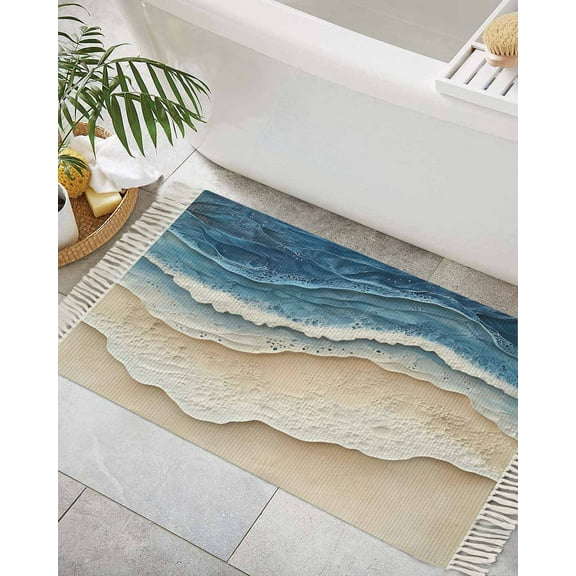 Blue Beach Coastal Bath Rug 2x3ft Woven Bathroom Entryway Runner Rug,Nautical Seaside Ocean Beige Washable Living Room Hallway Bedroom Kitchen Carpet with Tassels,Indoor Outdoor Throw Doormat