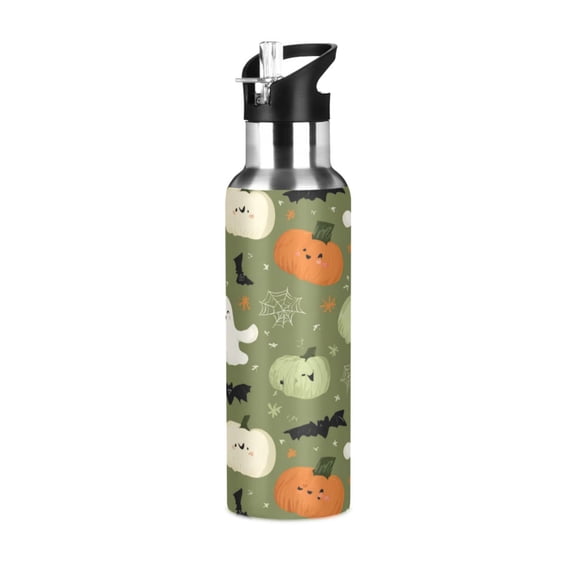 600ml Vacuum Insulated Sports Water Bottle with Foldable Straw Stainless Steel Portable Thermos Cup Pale Green Pumpkins and Ghosts