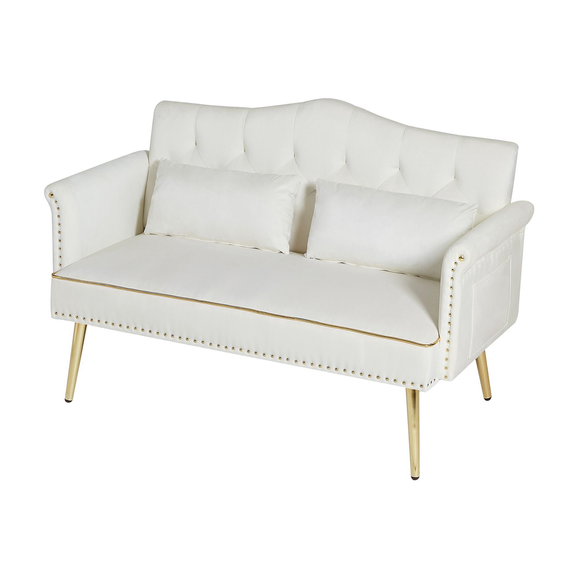 Modern 2 Seater Velvet Sofa, Button Tufted Small Couch Loveseat with Nailhead Trim and Pillows for Living Room Bedroom Apartment
