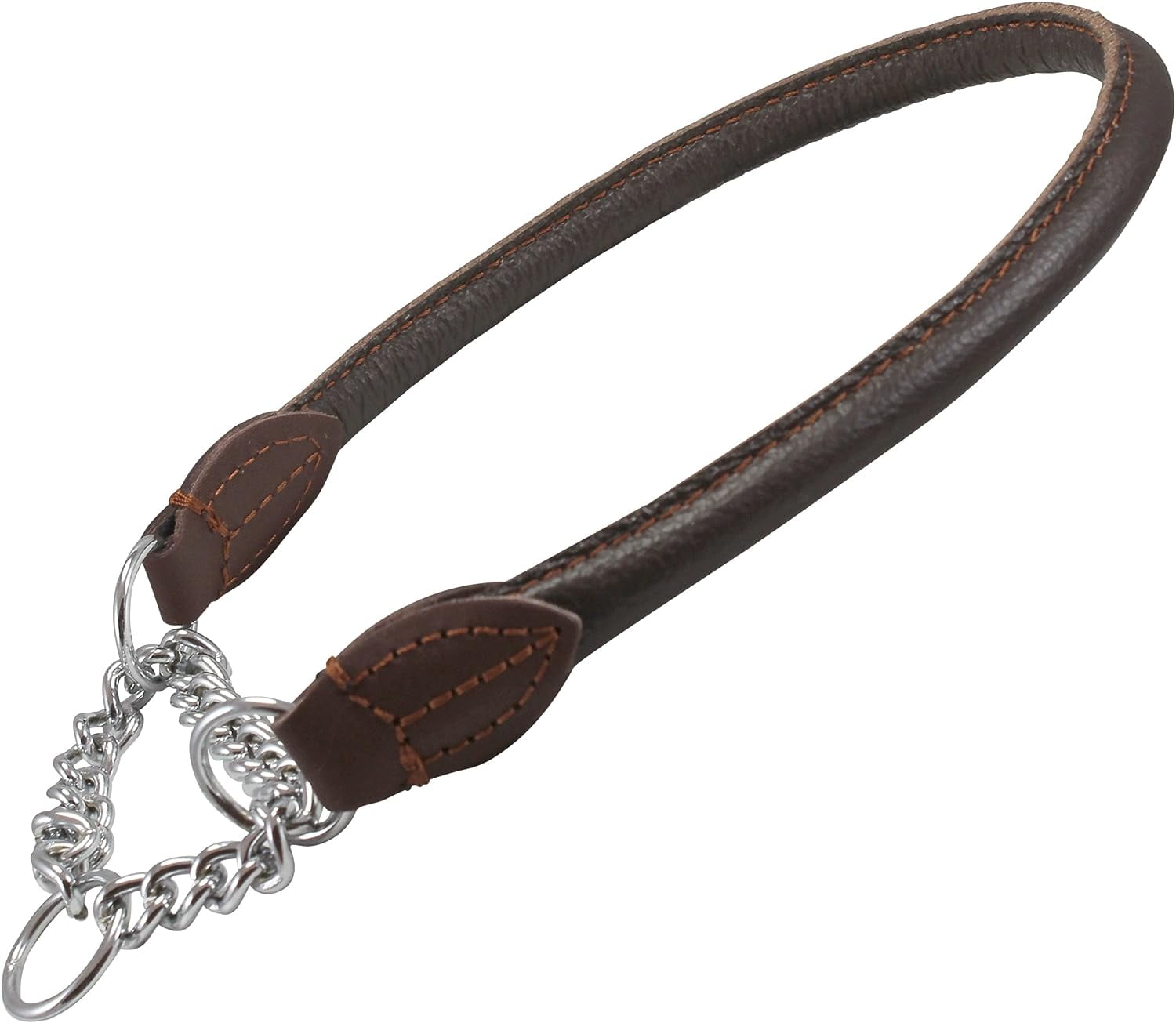 Rolled Genuine Leather Martingale Dog Collar Choker Brown 7 Sizes (#6 - Neck Circumf.15.5"-17.5")