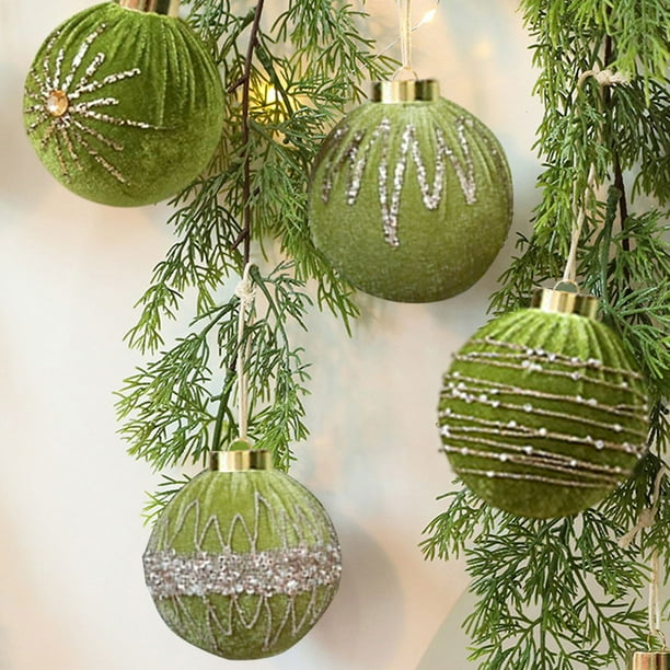 Set de adornos para el baile de Navidad en pack de 12 | Decoración colgante con purpurina de terciopelo de diamantes de 8 cm • Material de floc • Verde claro beige rojo • Decoración para ventanas de