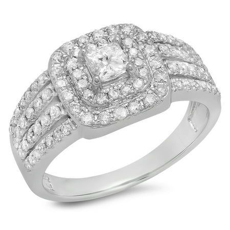 1.00 Carat (ctw) 10K White Gold Princess & Round Cut Diamond Ladies Split Shank Bridal Halo Engagement Ring 1 CT