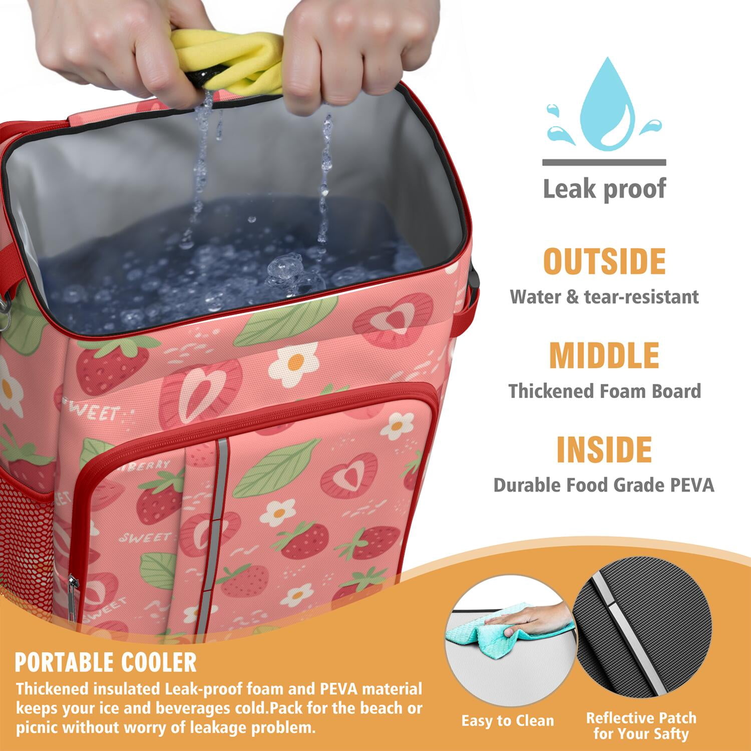 Backpack Cooler,Insulated Backpack Insulated Leak Proof Travel Cooler Bag Waterproof Lunch Picnic Beach Work Trip Thermal Bag Drink Beverage Beer Bag Cooler Strawberry
