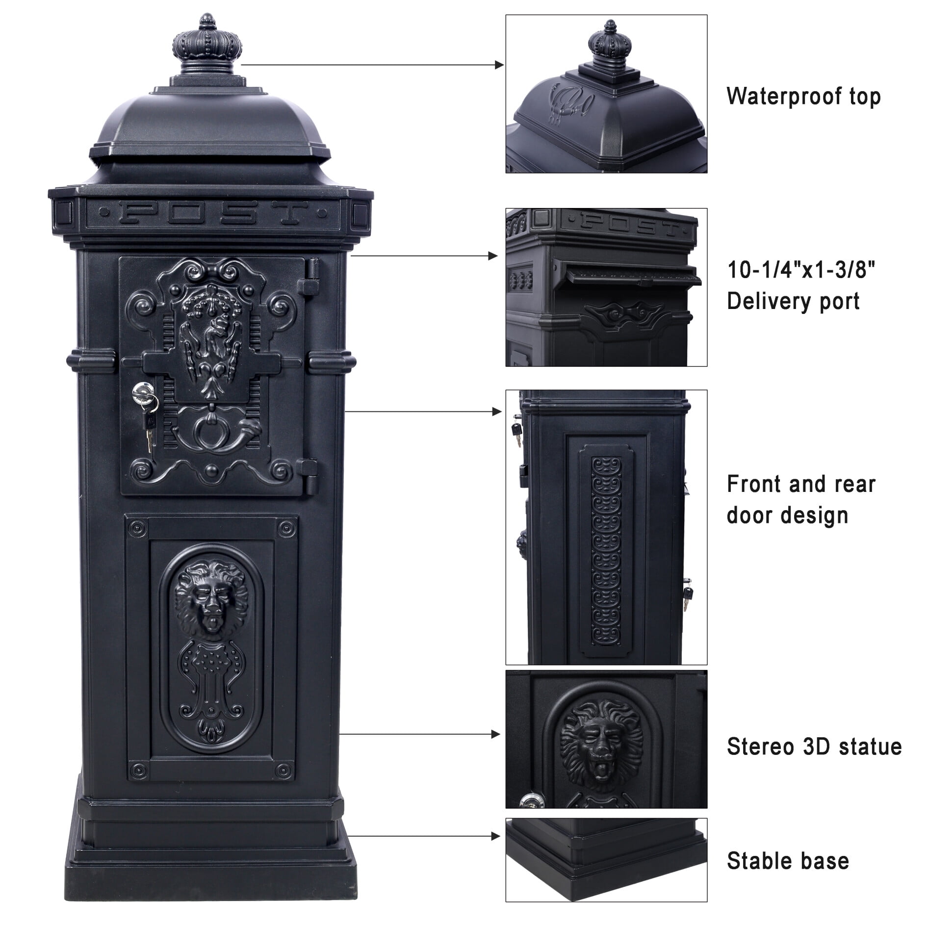 Large Capacity Outdoor Mailbox, Rainproof Floorstanding Letter Box Statue for Garden, Residential Use, Black