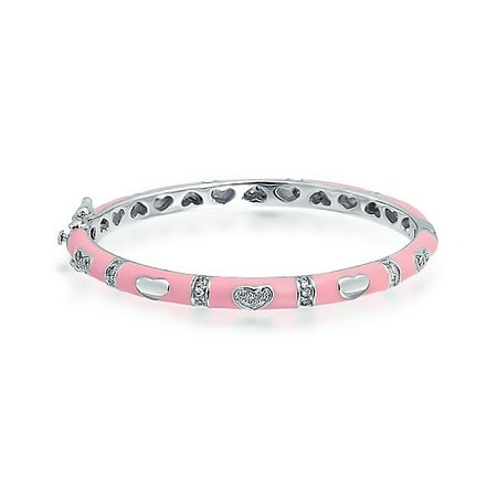Tiny Bangle Bracelet Pink Or White Enamel CZ Pave Hearts Silver Plated Brass For Small Wrists 4.5-5.5