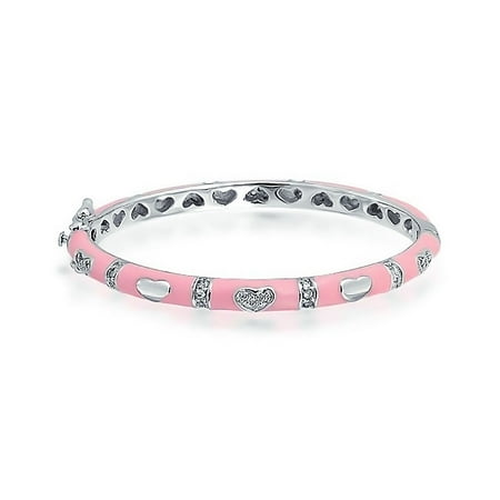 Pink Cubic Zirconia Bracelet Tiny Bangle Bracelet Pink Or White Enamel CZ Pave Hearts Silver Plated Brass For Small Wrists 4.5-5.5 Inch ()