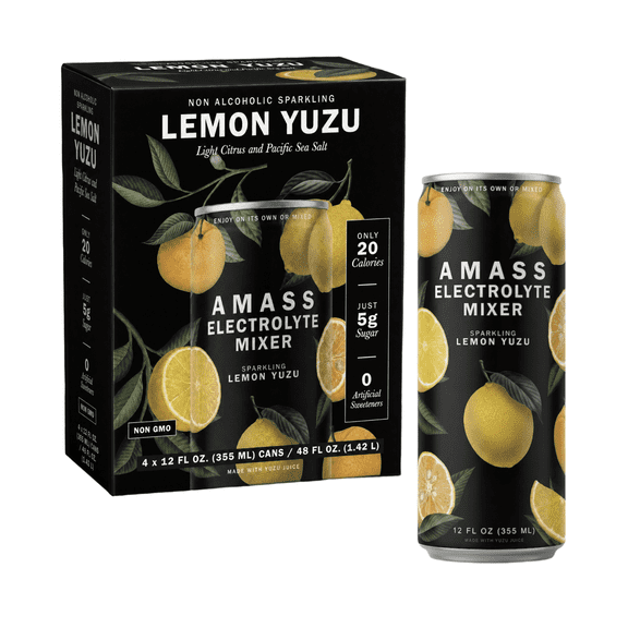 Amass Lemon Yuzu Sparkling Electrolyte Beverage, 4-pack, 12oz