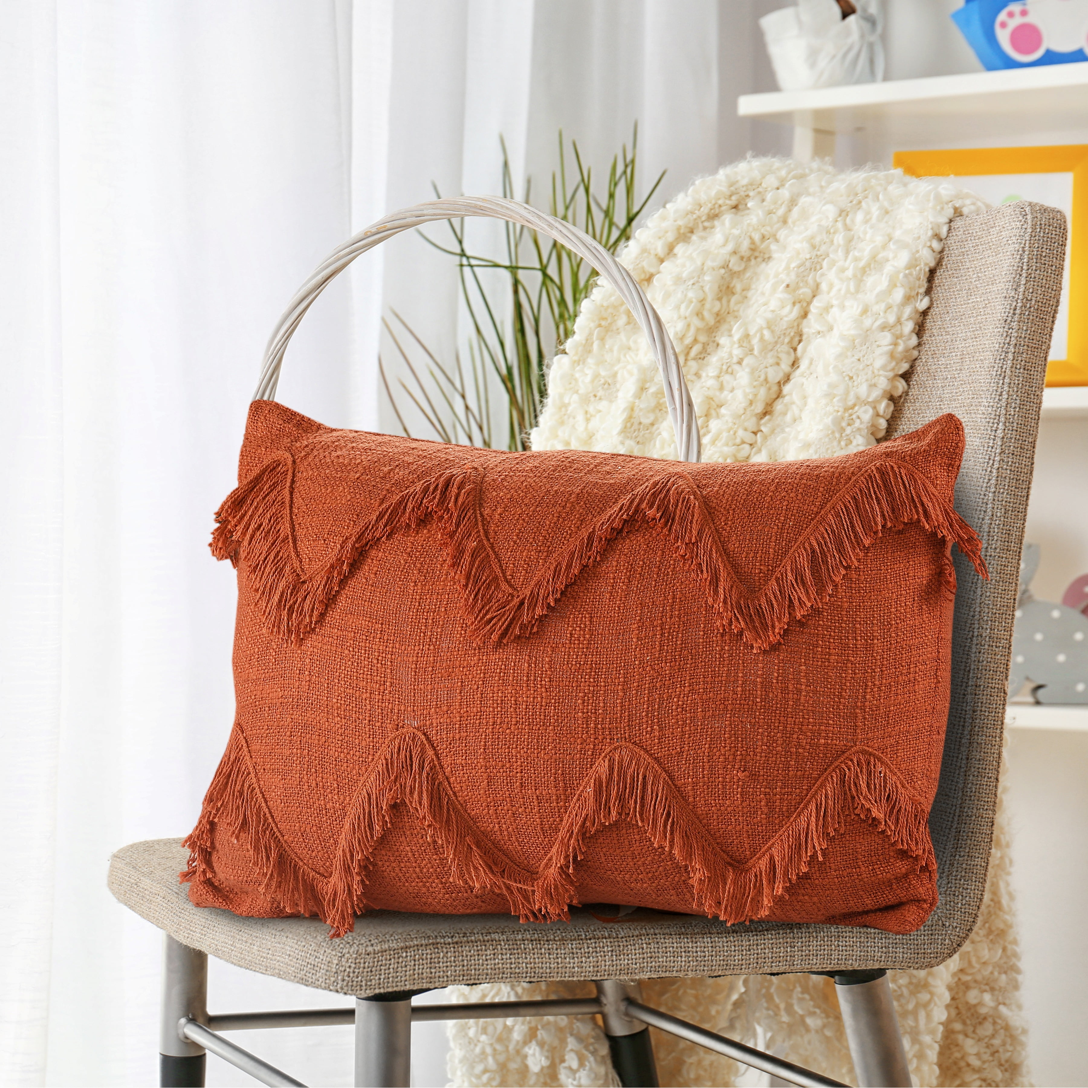 Ox Bay Avani Burnt Orange Bohemian Cotton Fringed Adult Decorative Lumbar Pillow, 14" x 20"