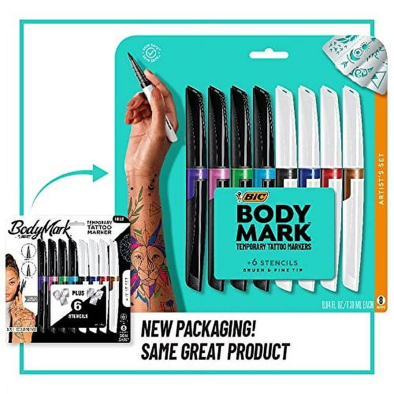 BIC BodyMark Temporary Tattoo Markers for Skin, Artist's Set, Mixed Tip,  8-Count Pack of Assorted Colors, Skin-Safe*, Cosmetic Quality  (MTBXP81-A-AST) 