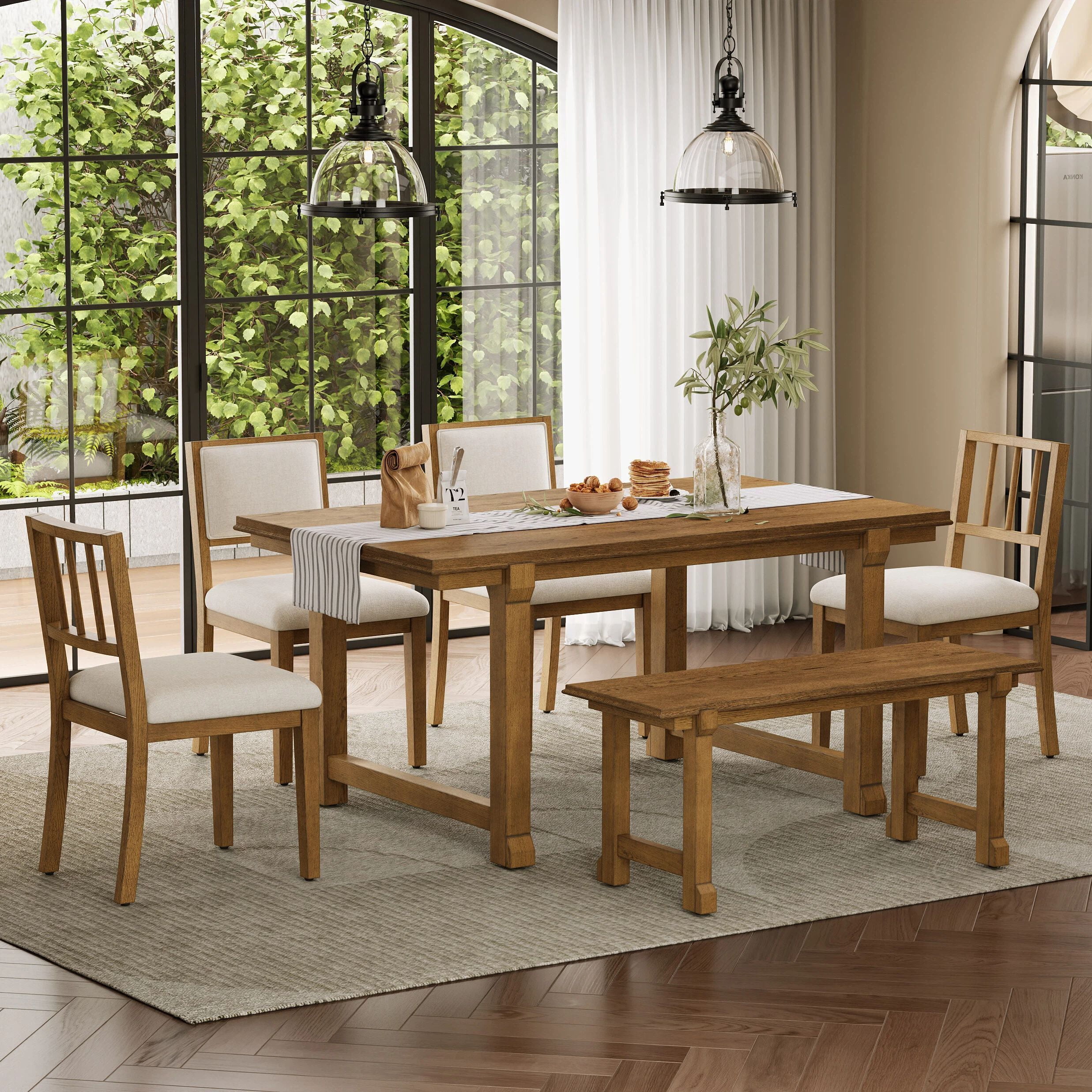 Euroco 6-Piece Farmhouse Dining Table Set for 6, 59.8" Space Saving Kitchen Table & Chairs Set with Wood Frame,Ideal for Kitchen & Dining Room, Restaurant,Walnut