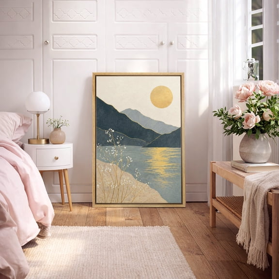Framed Canvas Print Wall Art Lake with Mountains under Gold Sun Print Minimalist Landscape Artwork For Living Room Decor - 16"x24" NATURAL