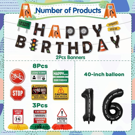 Drivers License 16th Birthday Decorations for Boys, 17PCS 16th Bday Banners with Hanging Swirls Party Decoration Car Themed Road Signs Honeycomb Centerpieces Ballons Decor for Learner Driver$$