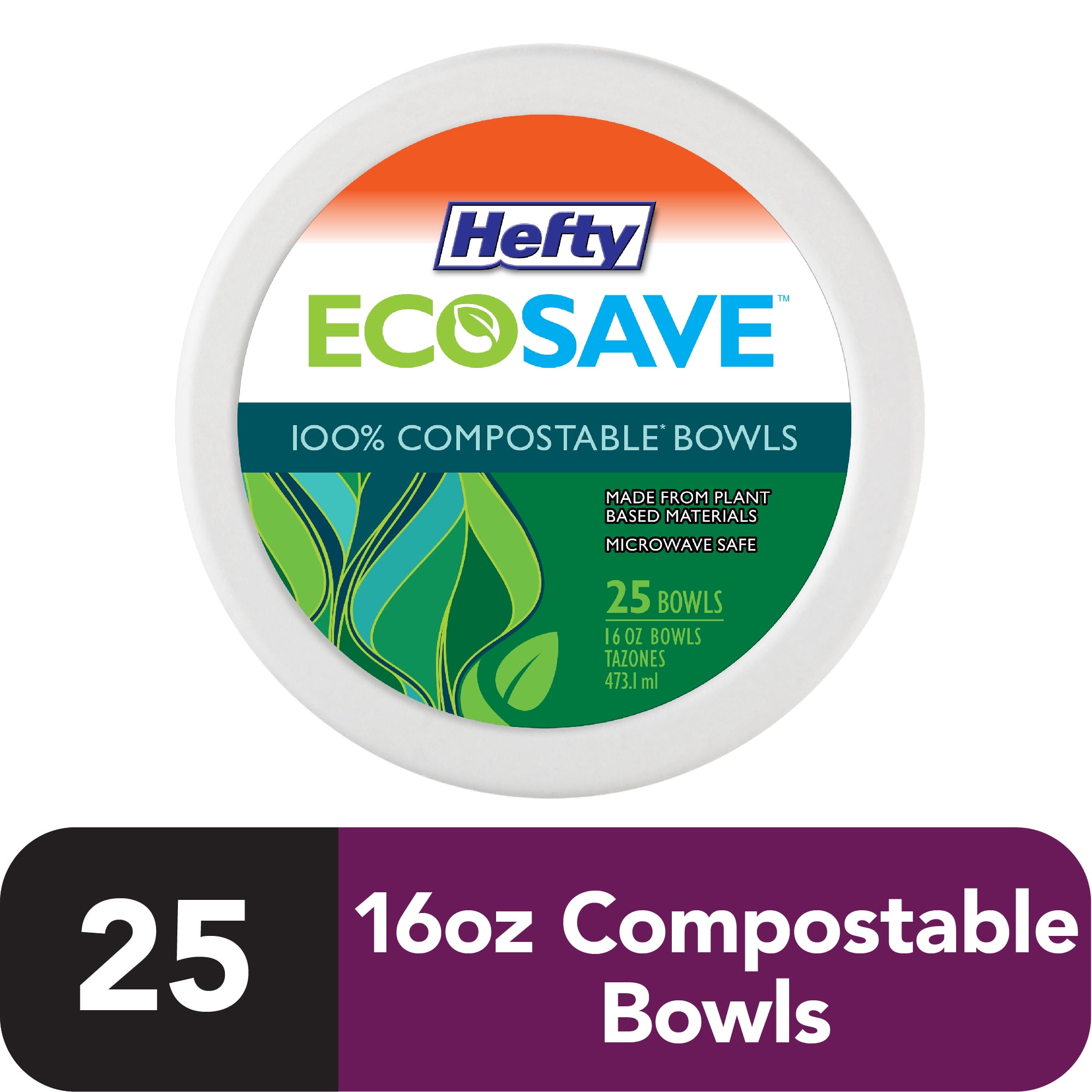 Hefty ECOSAVE Compostable Bowl, 16 Ounce, 25 Count